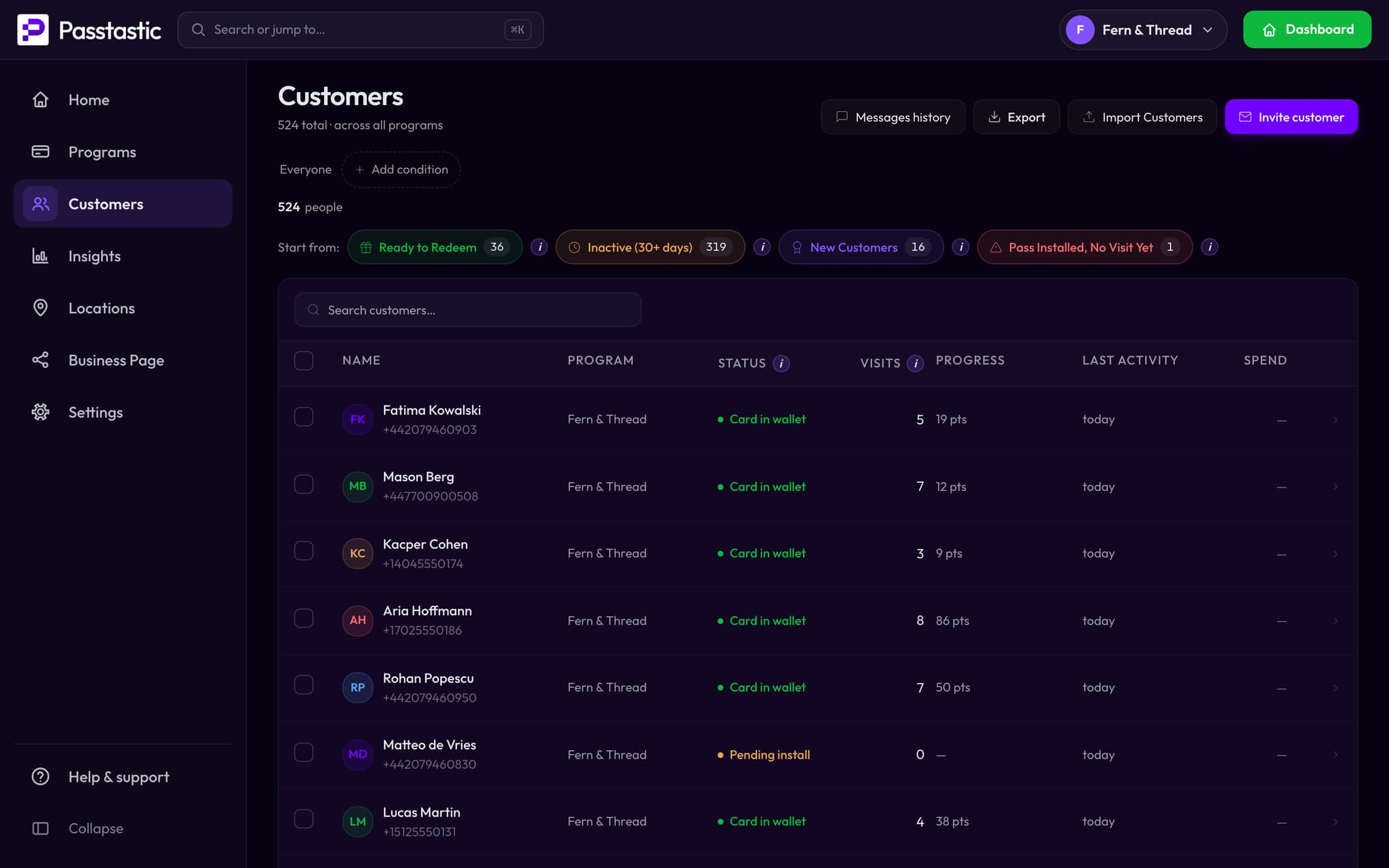 Fern & Thread's Customers screen: every customer with their visits, points and last visit, and groups for who's ready for a reward or hasn't been back in 30 days