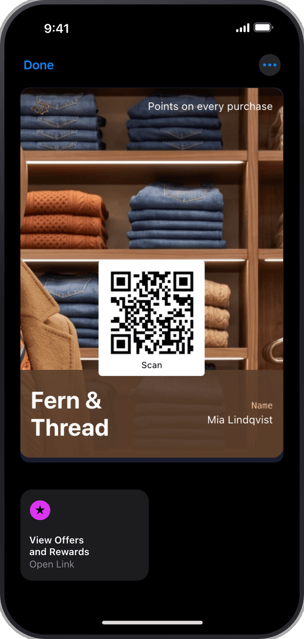 A customer's Fern & Thread points card, open in Apple Wallet on an iPhone