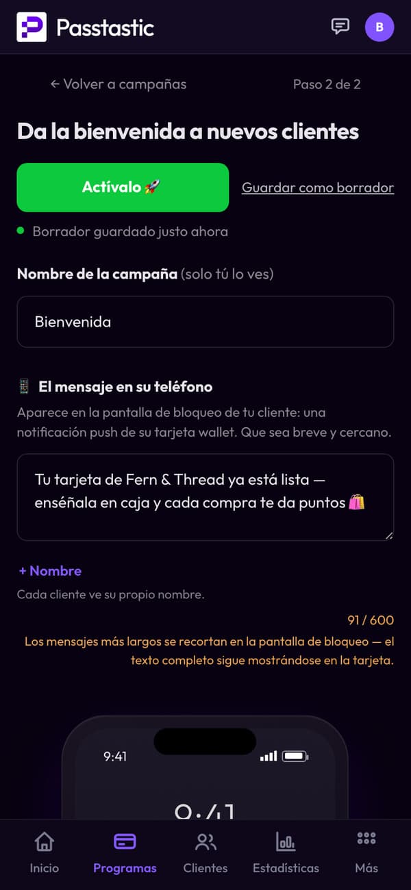 La campaña de bienvenida de Fern & Thread: su nombre y el mensaje que reciben los clientes nuevos