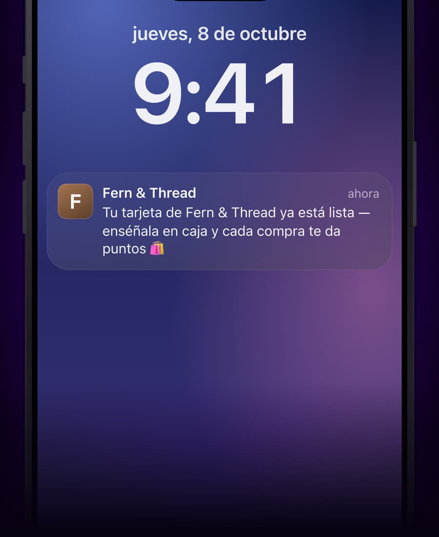 El mensaje de bienvenida de Fern & Thread en la pantalla de bloqueo de un iPhone