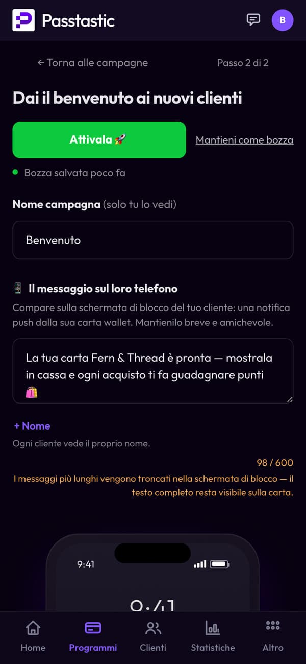 La campagna di benvenuto di Fern & Thread: il nome e il messaggio che ricevono i nuovi clienti
