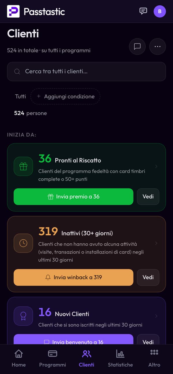 La schermata Clienti di Fern & Thread: ogni cliente con visite, punti e ultima visita, e gruppi per chi può già riscattare un premio o non torna da 30 giorni