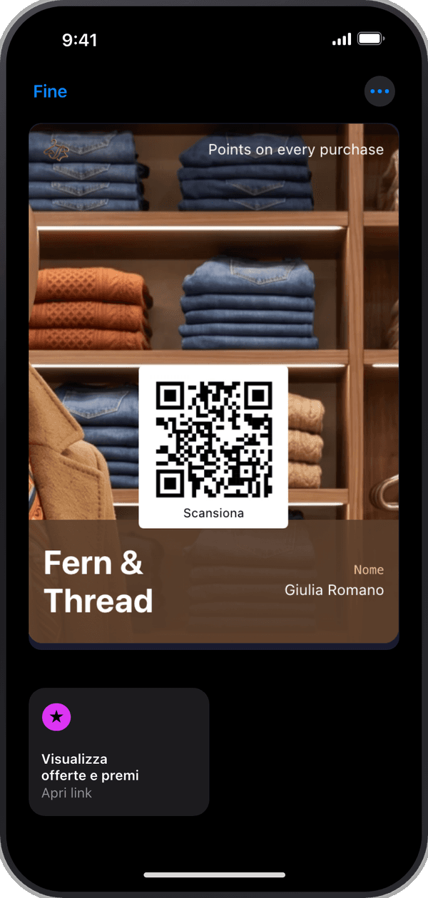 La carta a punti di Fern & Thread, aperta in Apple Wallet su un iPhone