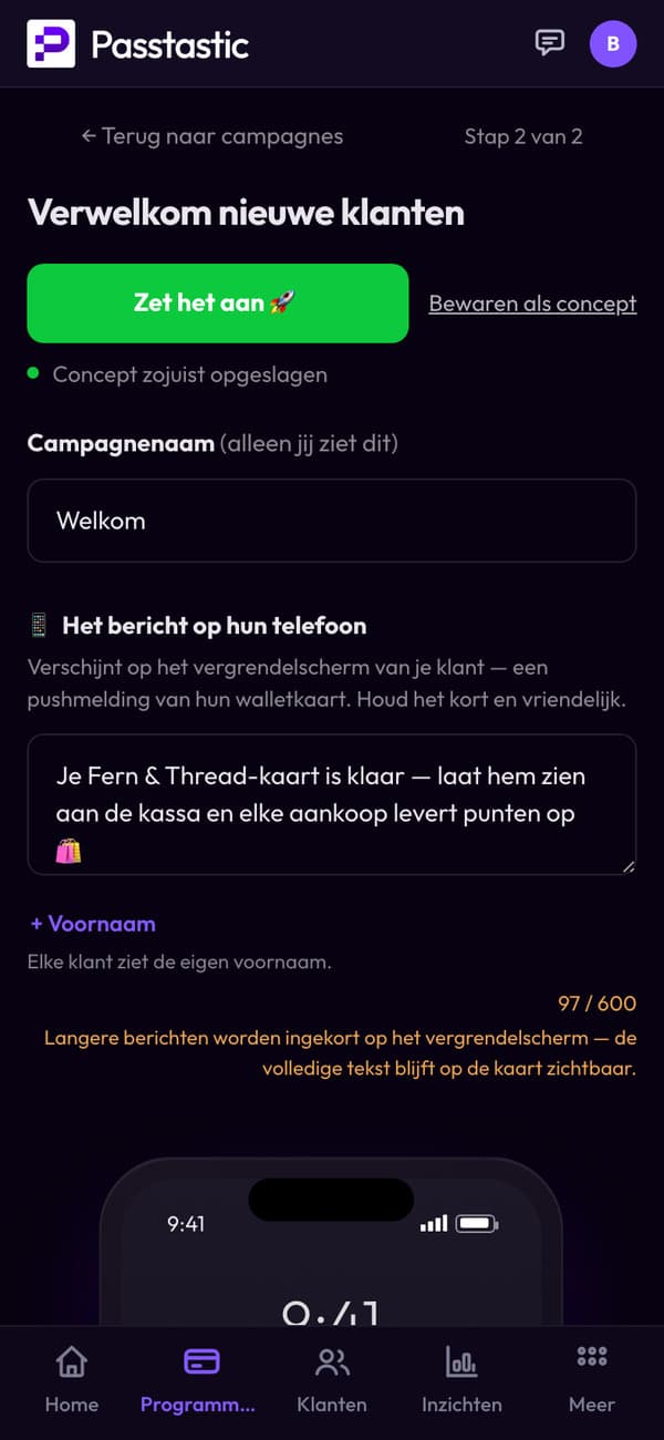 De welkomstcampagne van Fern & Thread: de naam en het bericht dat nieuwe klanten krijgen