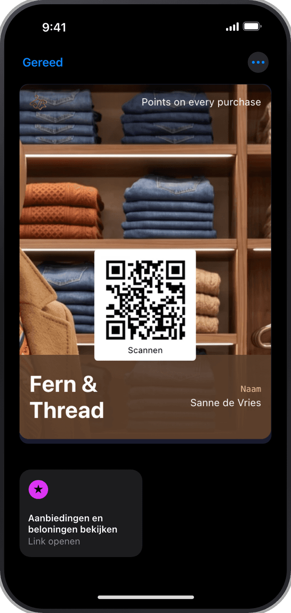 De puntenkaart van Fern & Thread, geopend in Apple Wallet op een iPhone