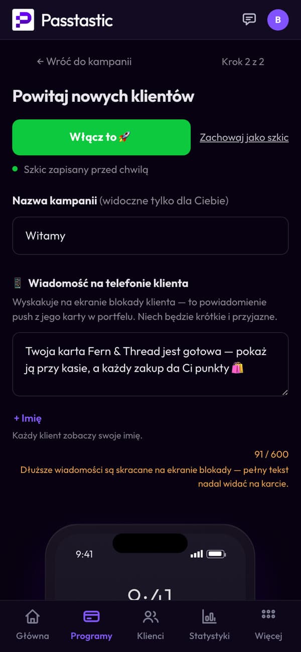 Kampania powitalna sklepu Fern & Thread: nazwa i wiadomość, którą dostają nowi klienci