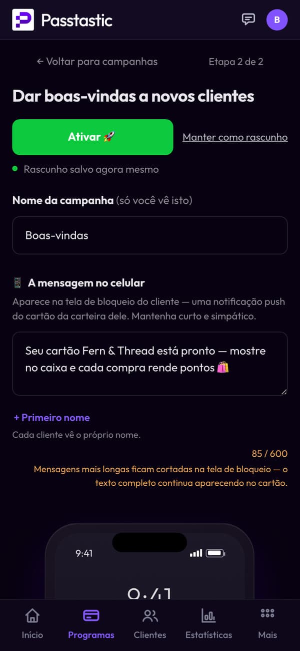 A campanha de boas-vindas da Fern & Thread: o nome e a mensagem que os clientes novos recebem