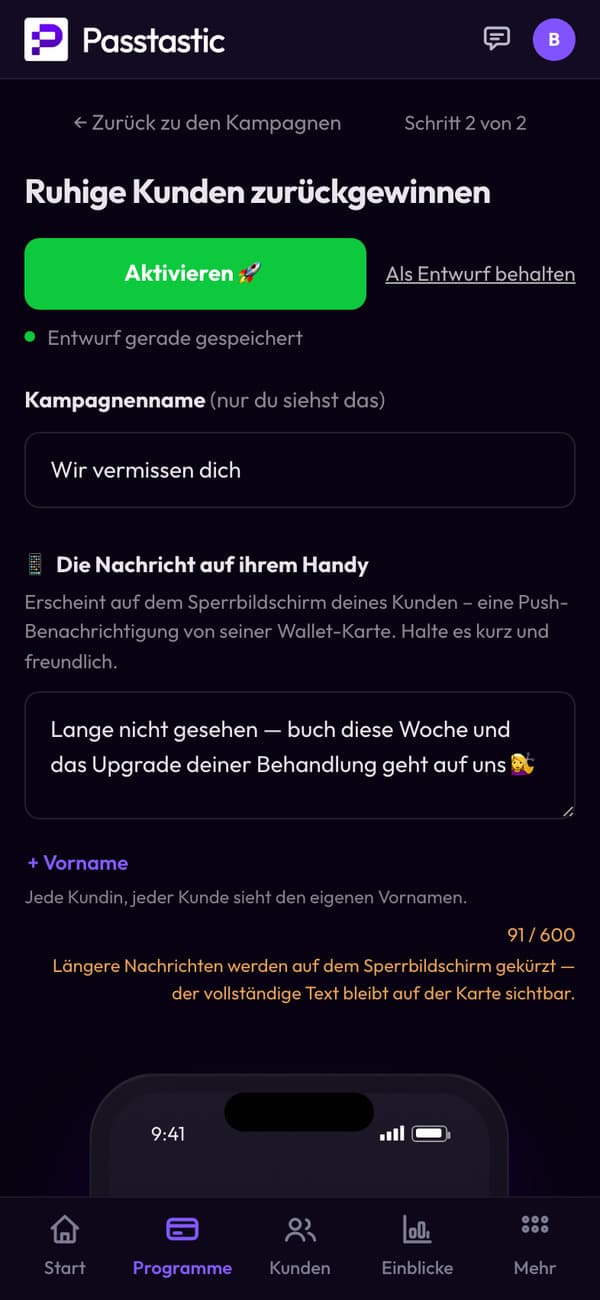 Die Zurückholen-Kampagne von Studio Lumi: Name und Nachricht, die Kundinnen und Kunden bekommen