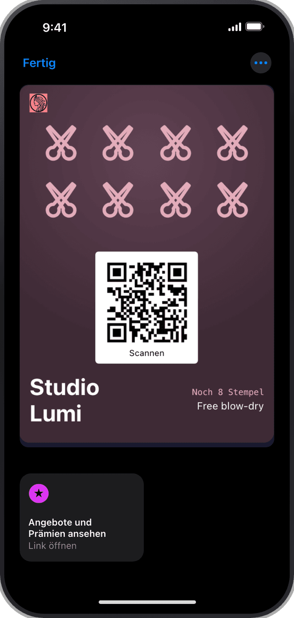 Die Stempelkarte von Studio Lumi, geöffnet in Apple Wallet auf einem iPhone