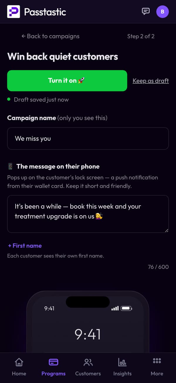 Studio Lumi's win-back campaign: its name and the message clients get