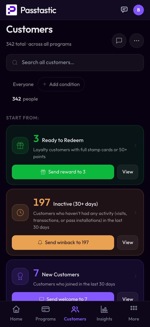 Studio Lumi's Customers screen: every client with their visits, stamps and last visit, and groups for who's ready for a reward or hasn't been back in 30 days
