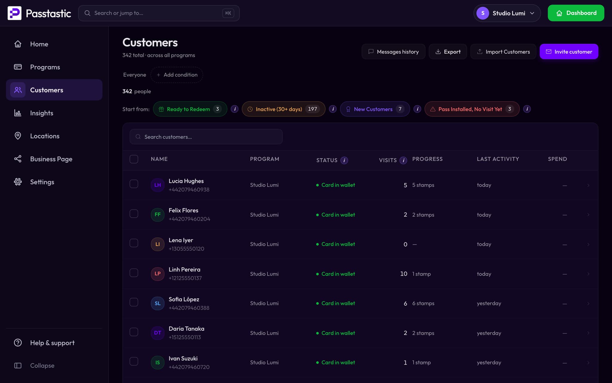 Studio Lumi's Customers screen: every client with their visits, stamps and last visit, and groups for who's ready for a reward or hasn't been back in 30 days