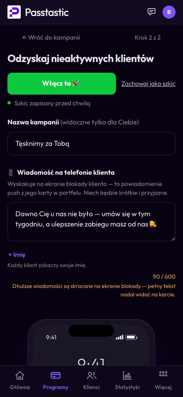 Kampania odzyskiwania klientów salonu Studio Lumi: nazwa i wiadomość, którą dostają klienci