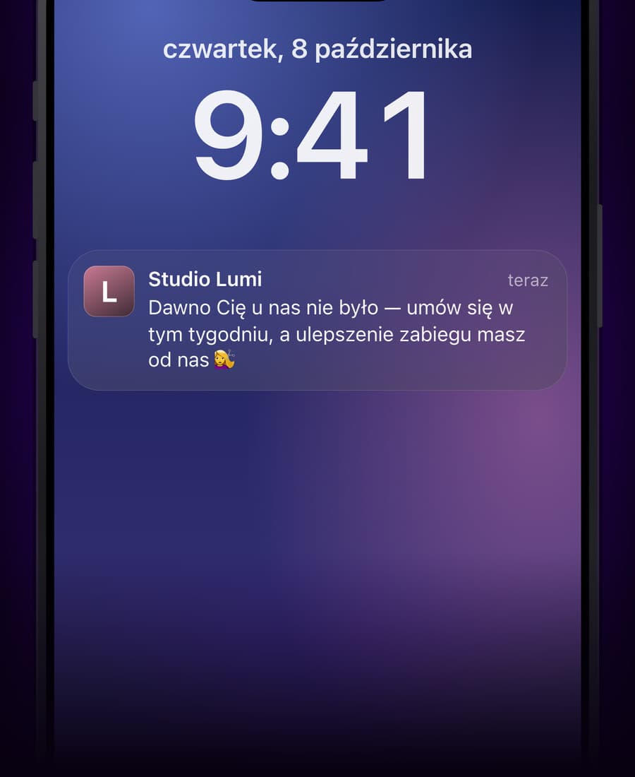 Wiadomość od salonu Studio Lumi na ekranie blokady iPhone’a