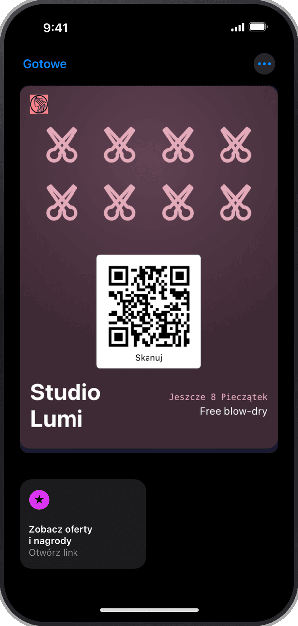 Karta na pieczątki salonu Studio Lumi otwarta w Apple Wallet na iPhonie