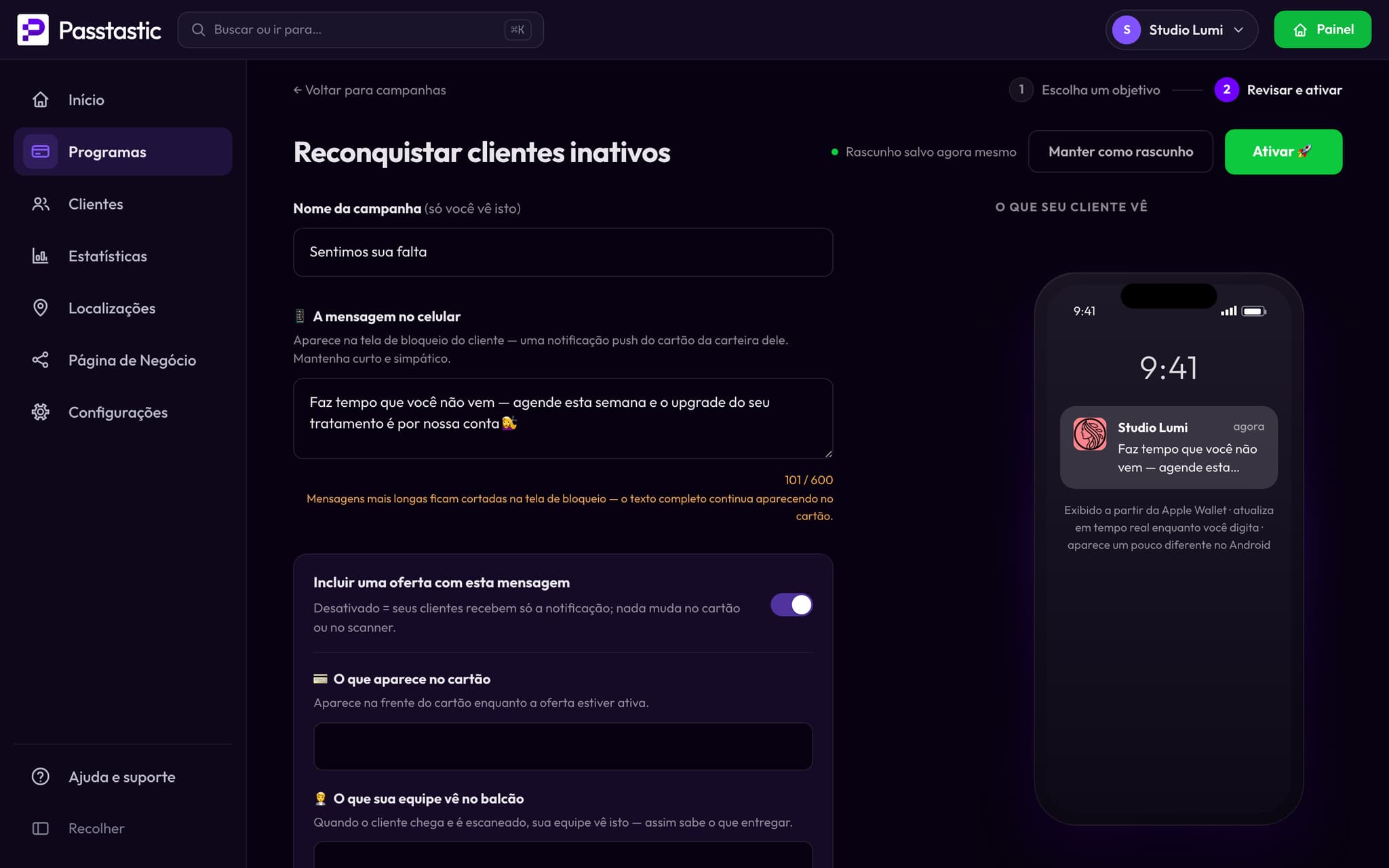 A campanha de reconquista do Studio Lumi: o nome e a mensagem que os clientes recebem