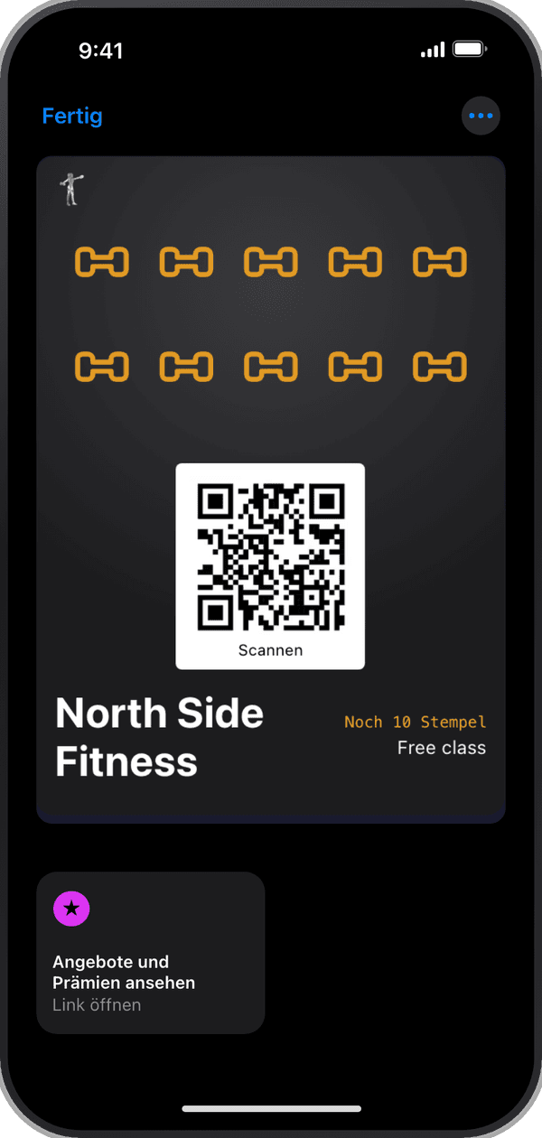 Die Stempelkarte von North Side Fitness, geöffnet in Apple Wallet auf einem iPhone