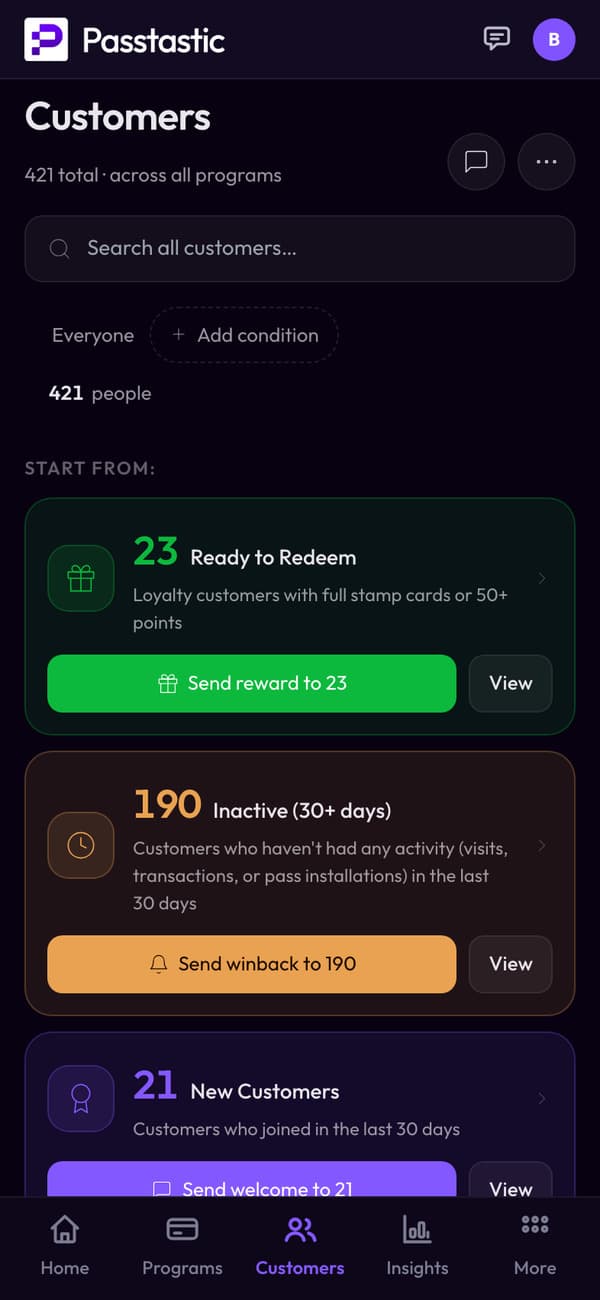 North Side Fitness's Customers screen: every member with their visits, stamps and last visit, and groups for who's ready for a reward or hasn't been back in 30 days