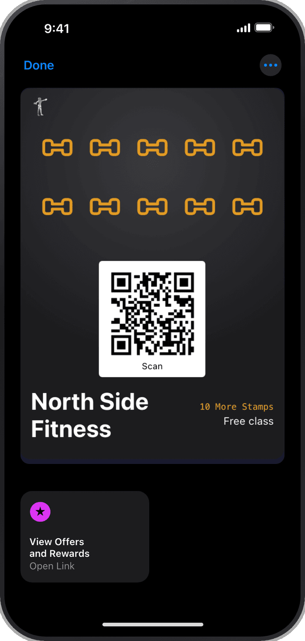 A member's North Side Fitness stamp card, open in Apple Wallet on an iPhone