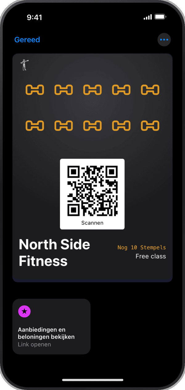 De stempelkaart van North Side Fitness, geopend in Apple Wallet op een iPhone