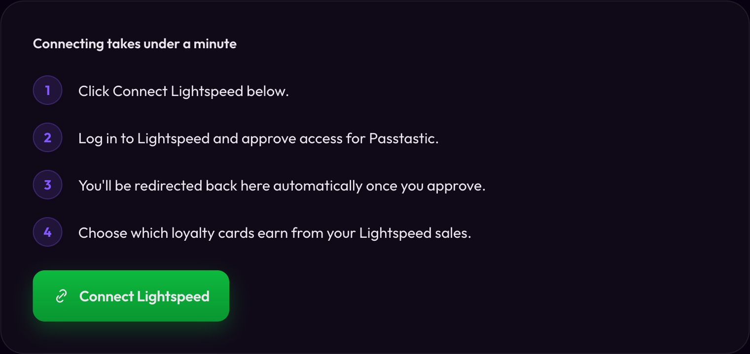 Impostazioni di Passtastic: la scheda Lightspeed POS con il pulsante Collega Lightspeed