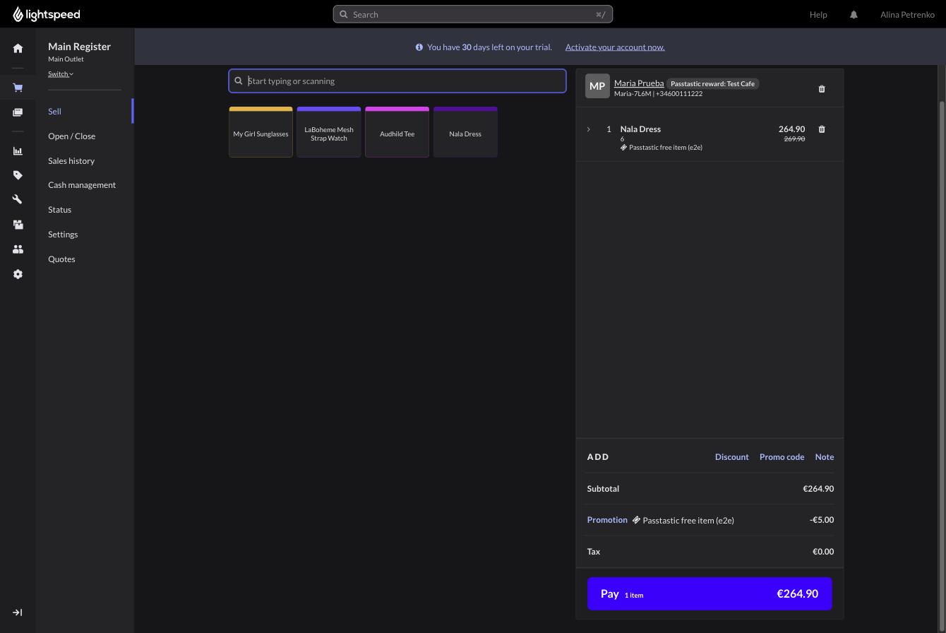 Schermata di vendita di Lightspeed: il cliente sulla vendita e il premio Passtastic applicato come promozione