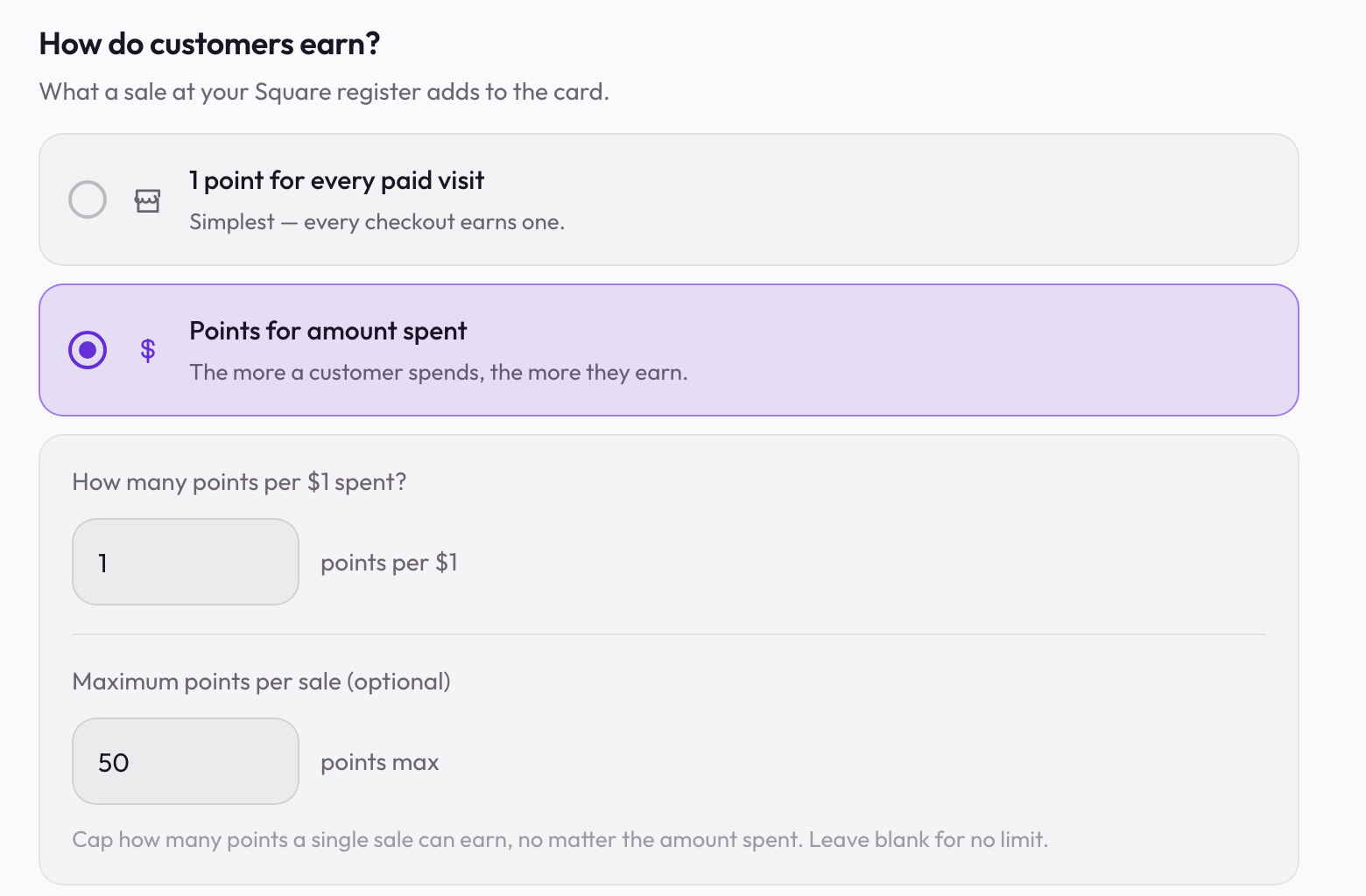 Square card settings in Passtastic — how customers earn: per visit or per amount spent