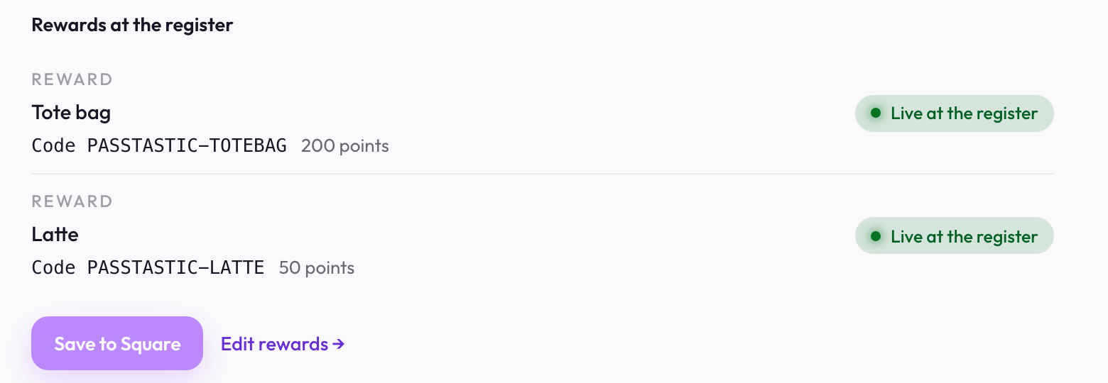 Rewards at the register: one row per reward with its code, and the Save to Square button