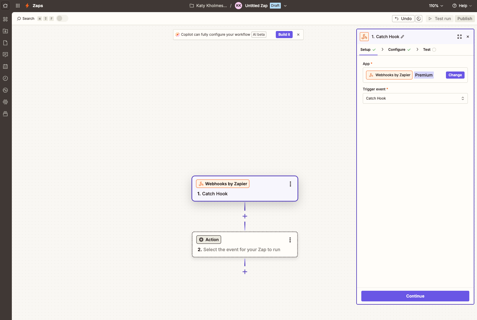 Catch Hook selecionado com as abas Setup, Configure e Test