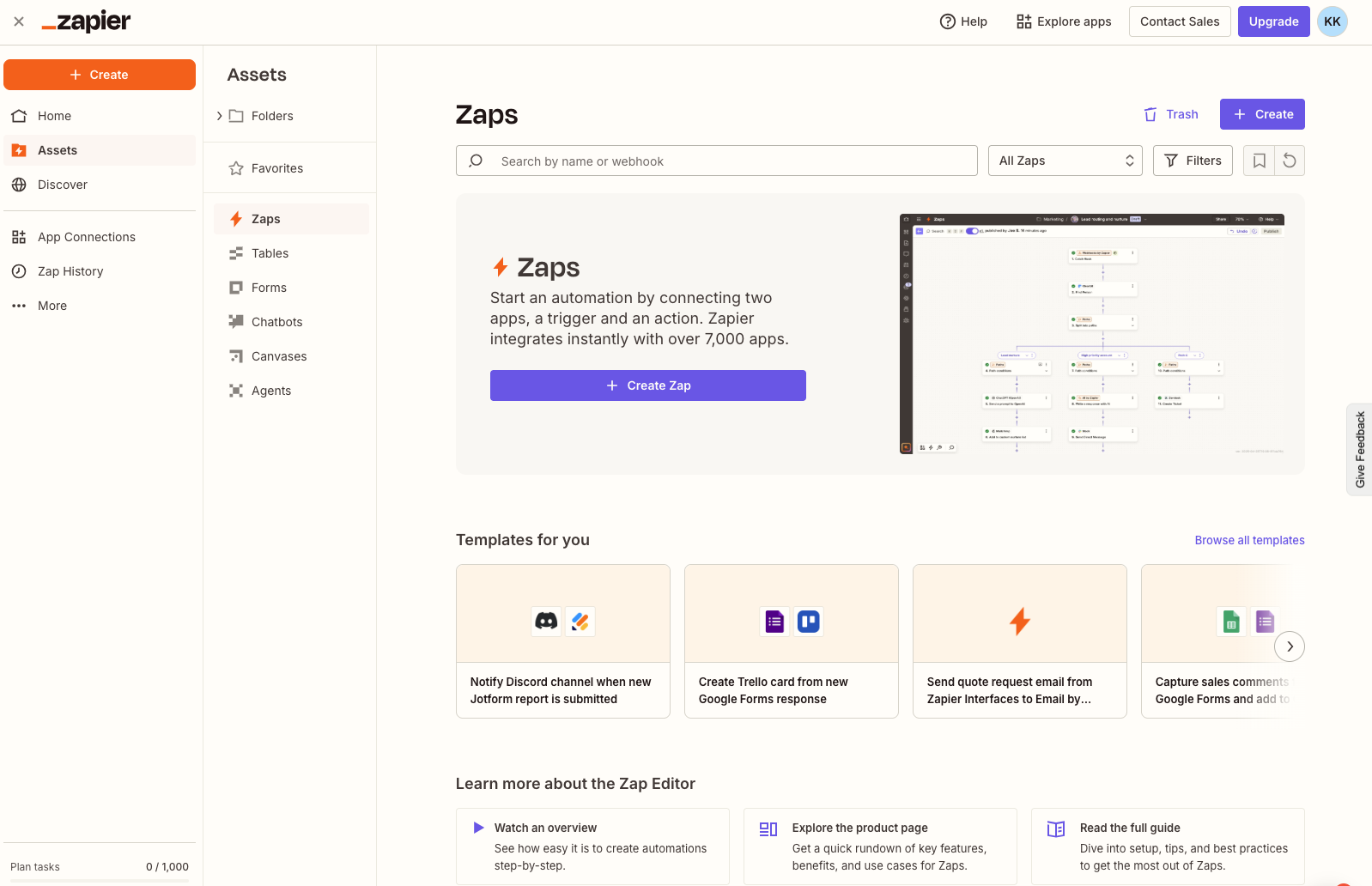 Painel do Zapier com botão Create Zap