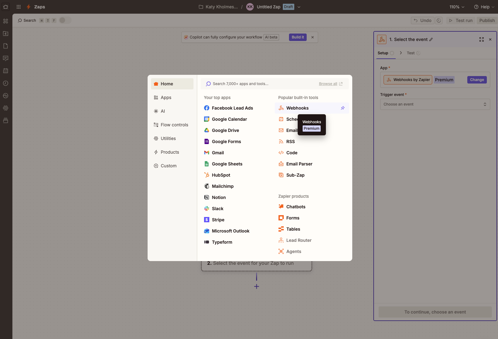 Pesquisando Webhooks by Zapier na lista de apps