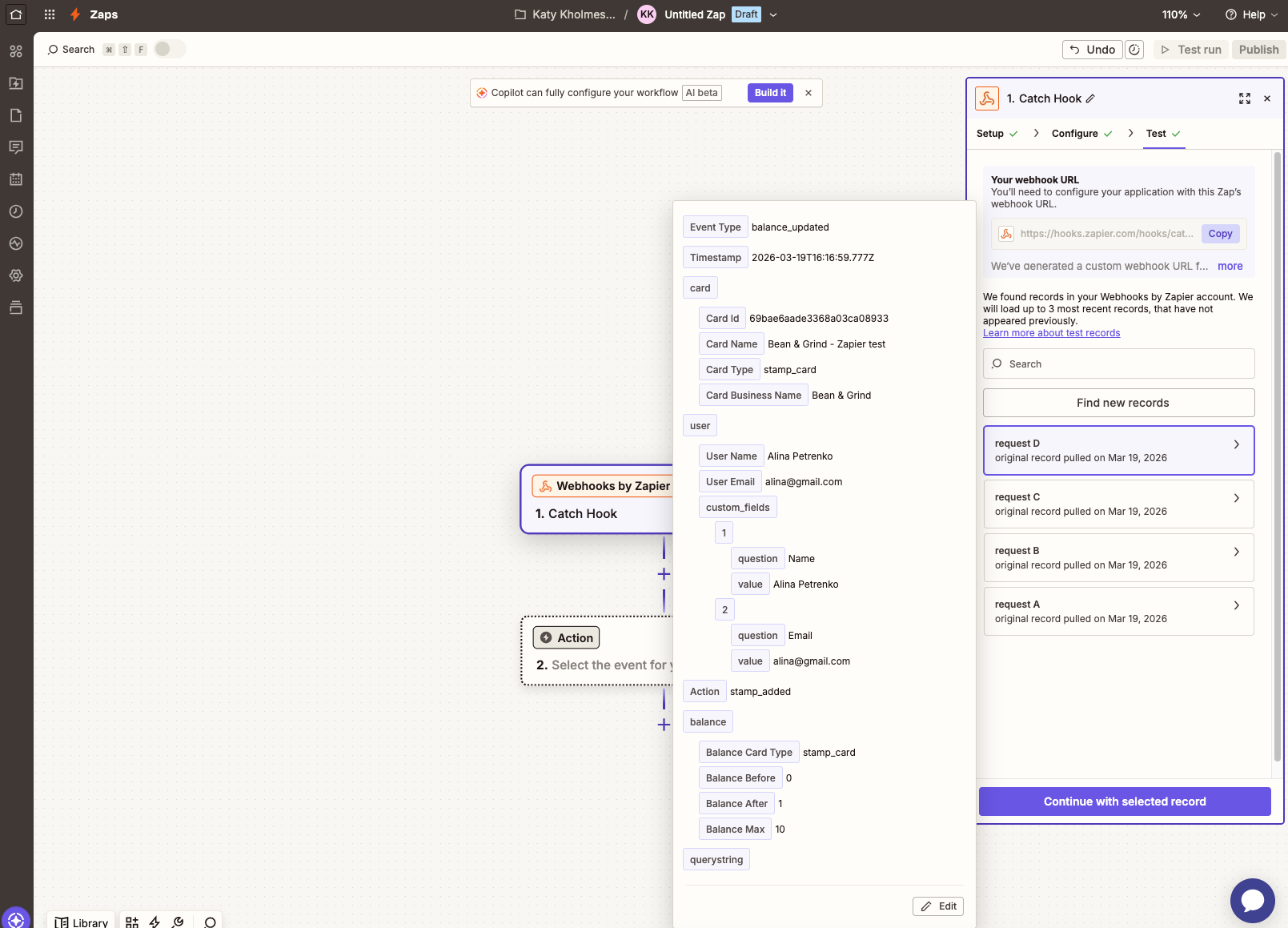 Teste do Zapier mostrando dados do evento balance_updated