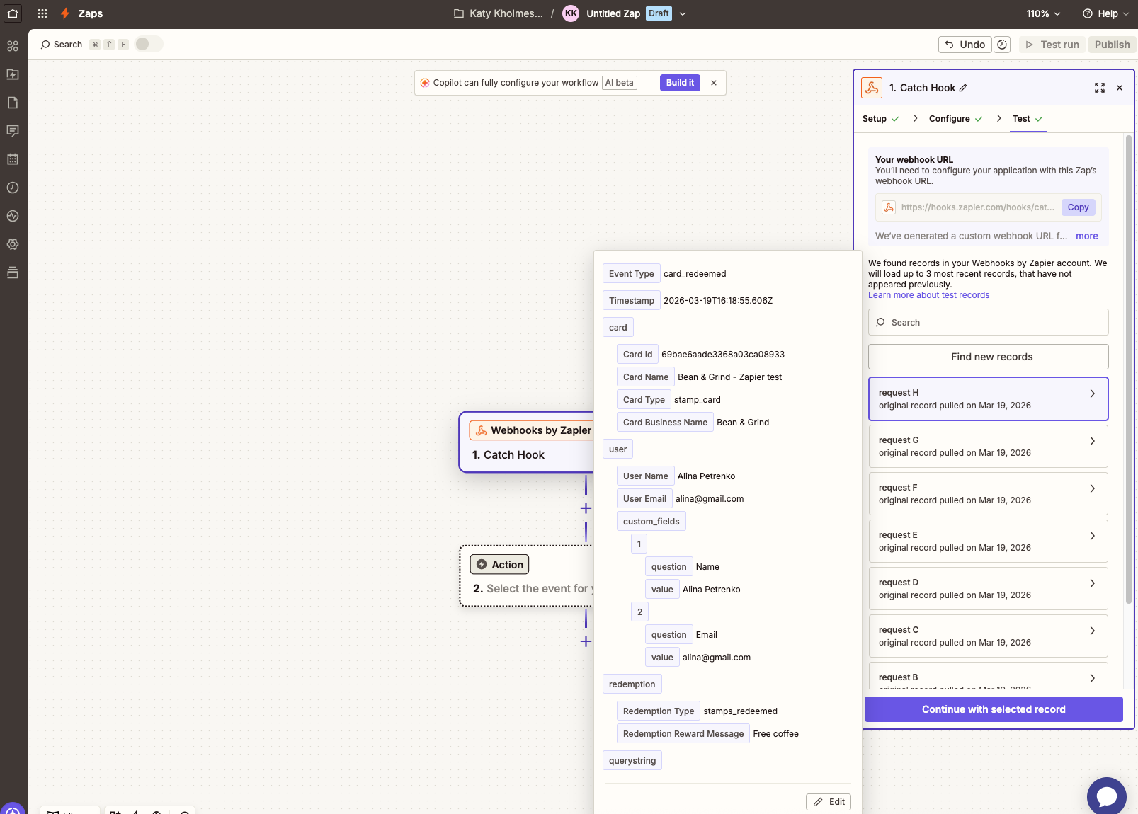 Teste do Zapier mostrando dados do evento card_redeemed