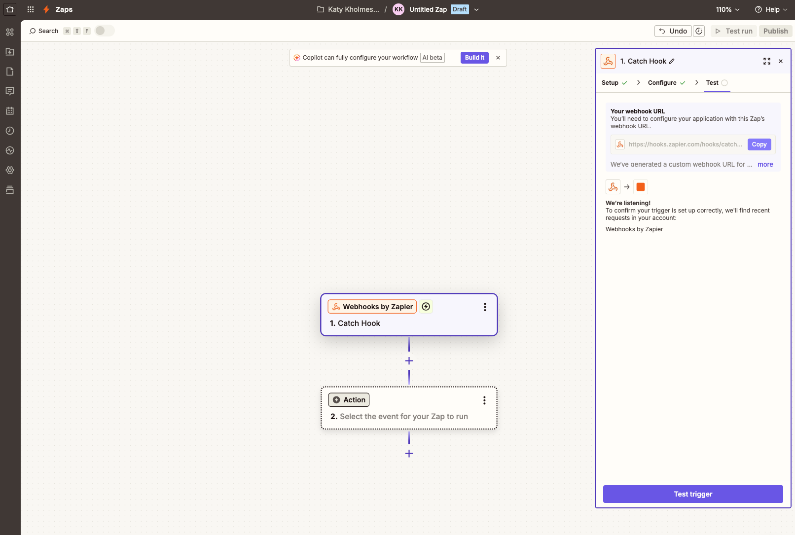 Aba Test do Zapier mostrando a URL do webhook