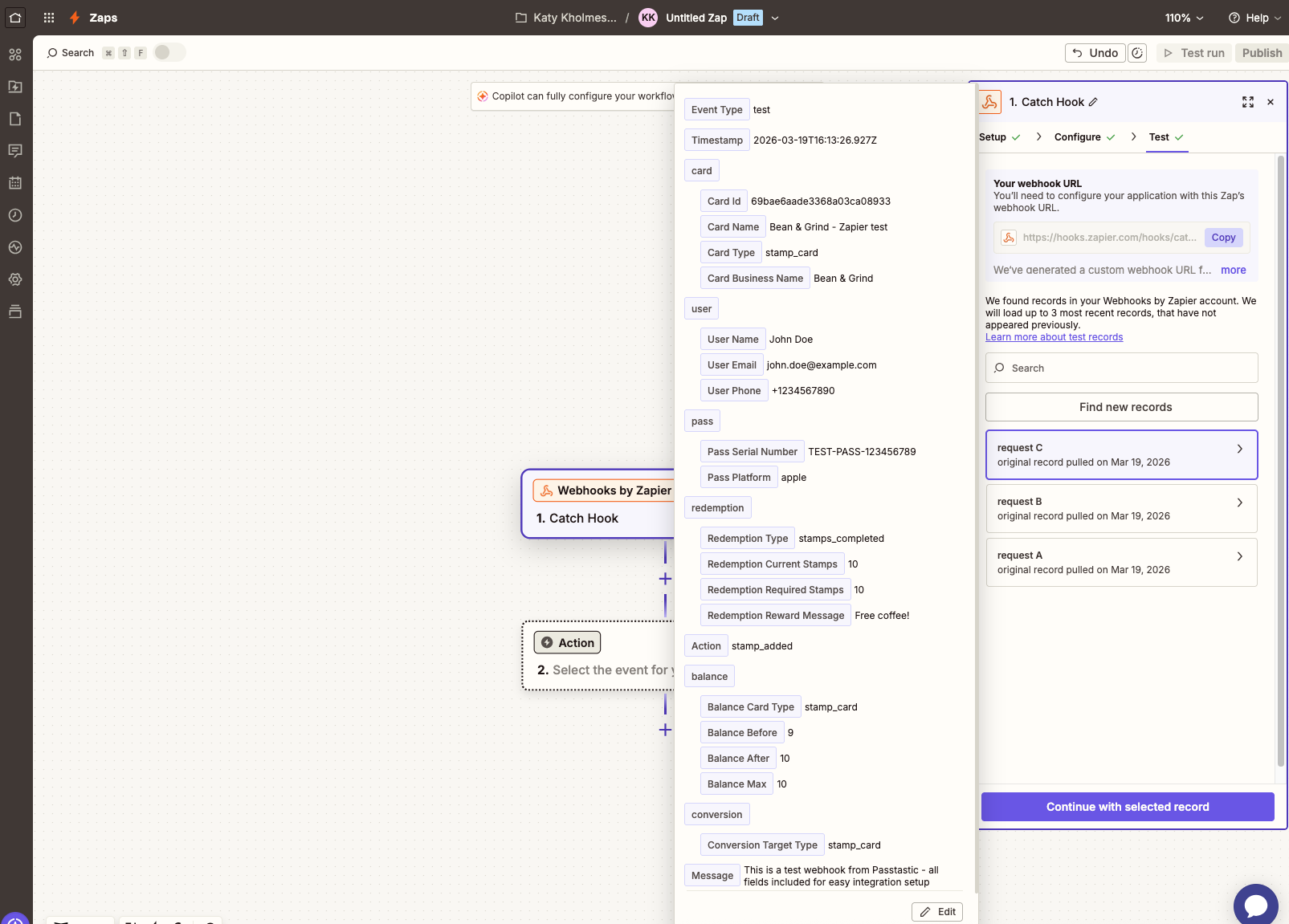 Teste do Zapier mostrando dados do evento pass_added recebidos